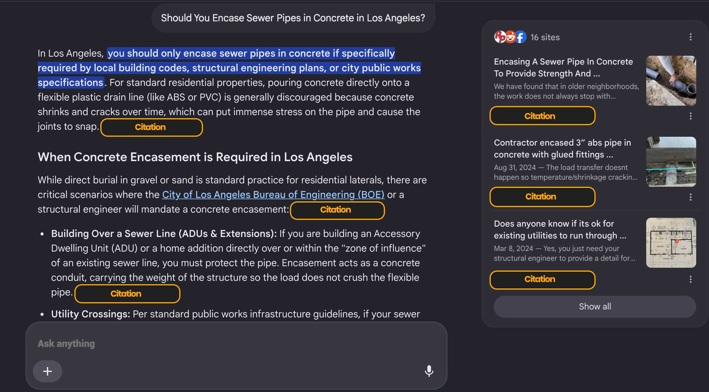Google AI Overview citing Rooter Patrol Plumbing as the #1 source above 16 competing sites